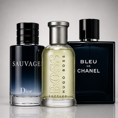 3 Men's Perfumes Kit - Dior Sauvage, Bleu de Chanel & Hugo Boss Bottled