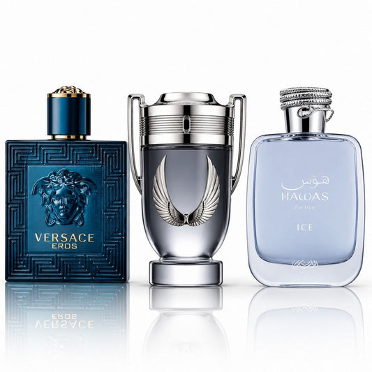 3 Men’s Perfumes Kit - Versace Eros, Invictus Platinum & Hawas Ice