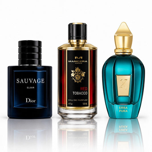 3 Men’s Perfumes Kit - Sauvage Elixir, Mancera Red Tobacco & Xerjoff Erba Pura