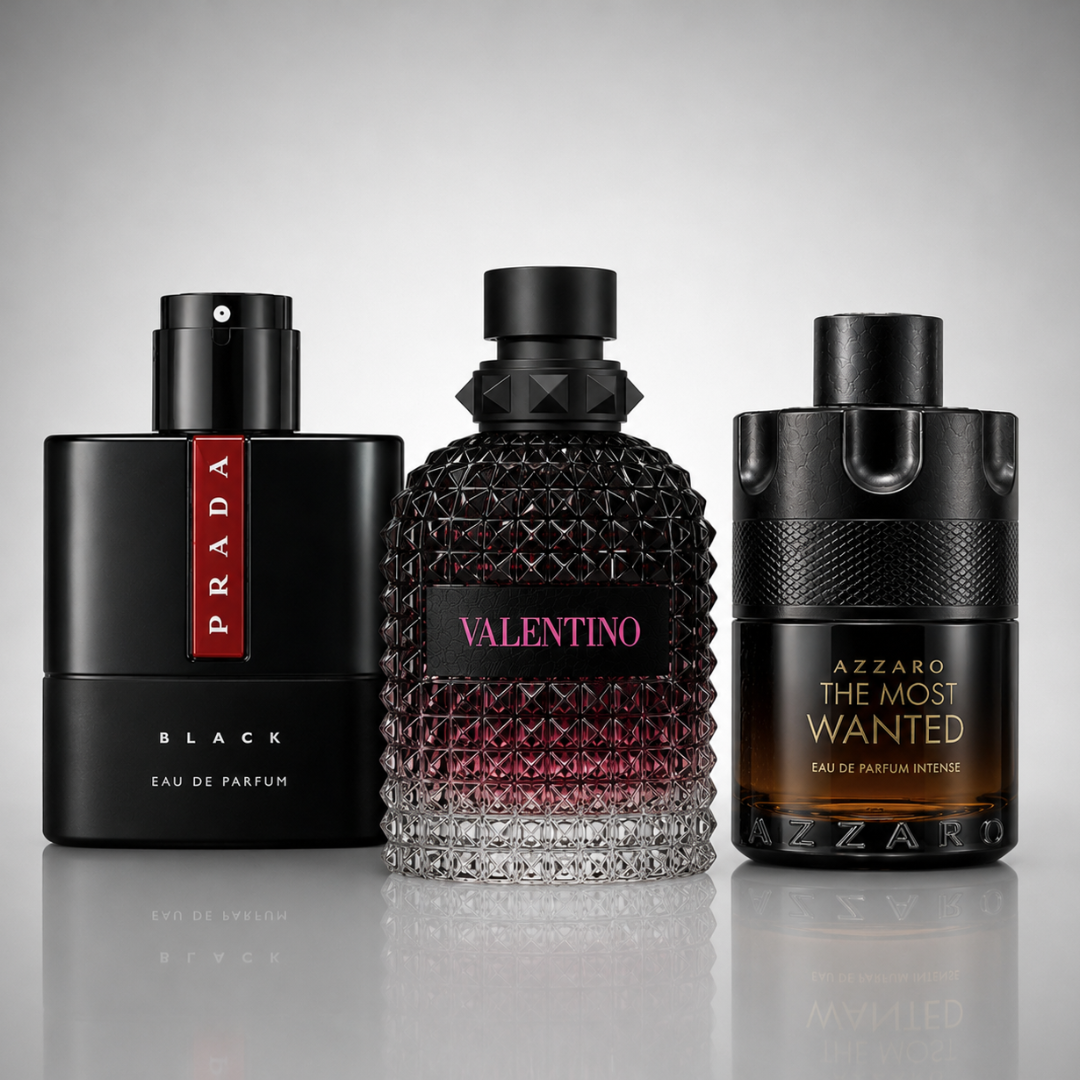 3 Men's Perfumes Kit - Prada Luna Rossa Black, Valentino Uomo Born In Roma & Azzaro The Most Wanted